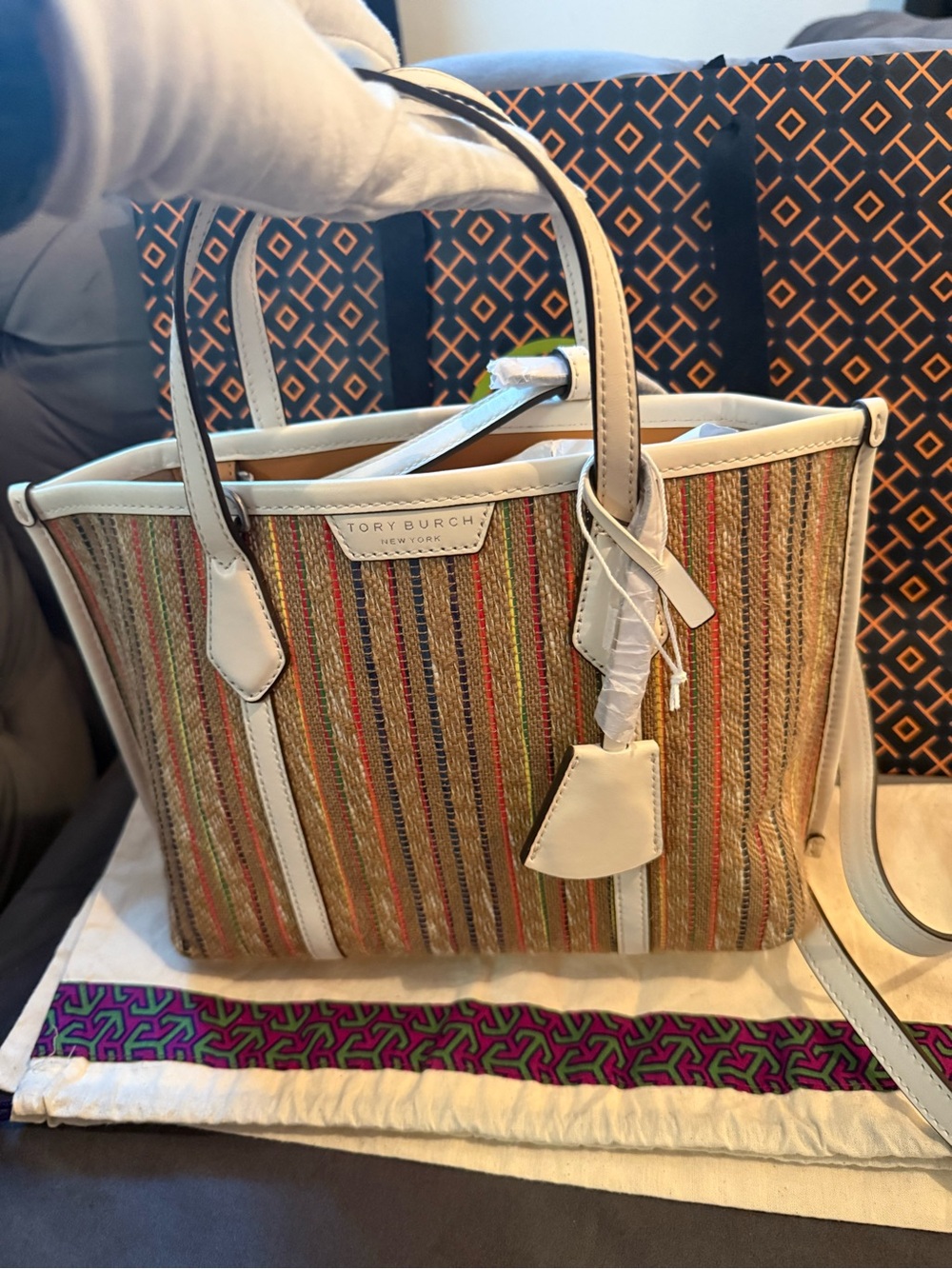NWT Tory Burch Small Perry Striped Raffia Tote - Picture 4 of 14